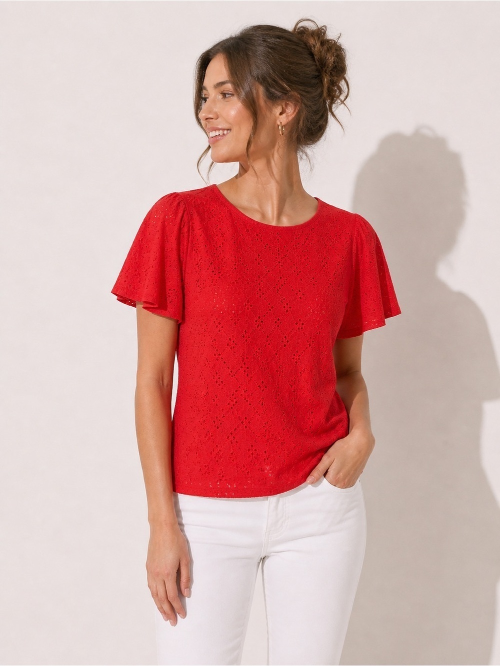 Ann Taylor LOFT  Short Sleeve Eyelet Blouse in Coral/Red Size XSP
